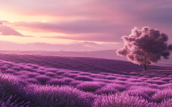 A stunning lavender field stretches under a vibrant sky, showcasing rich purple hues and a solitary tree, creating a serene nature landscape in 4K Ultra HD quality.