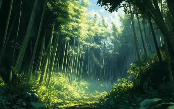 A serene bamboo forest bathed in soft light, showcasing lush greenery and a tranquil path, captured in stunning 4K Ultra HD, perfect for a desktop wallpaper or background.