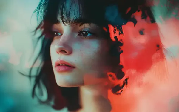 Aesthetic close-up of a woman with soft grunge vibes, featuring soft colors and blurred floral elements, designed as a 4K Ultra HD desktop wallpaper background.