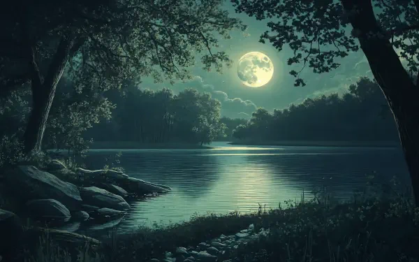 A serene moonlit lake surrounded by lush trees, reflecting the glowing full moon in a tranquil nature setting. Captured in stunning 4K Ultra HD for a captivating desktop wallpaper.