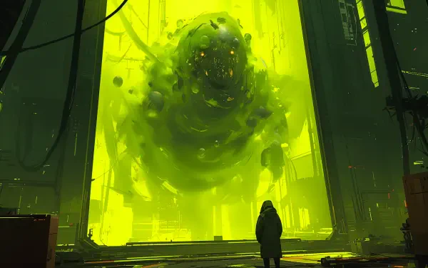 A towering, menacing creature looms in a vibrant green sci-fi laboratory, casting an eerie glow as a lone figure stands before it, capturing a mesmerizing blend of fear and wonder.