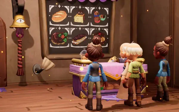 A colorful scene from the video game Magical Bakery, featuring characters at a charming bakery counter, surrounded by enchanting desserts and whimsical decor. Perfect HD wallpaper for PC backgrounds.