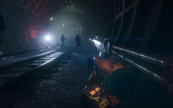 A moody HD wallpaper from the video game Metro Awakening, featuring a dimly lit subway tunnel with a character holding a weapon and two shadowy figures in the background.