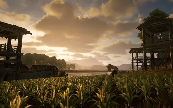 A serene landscape from the video game Sengoku Dynasty, featuring a farmer at work in a lush field with mountains and a vibrant sunset in the background. HD quality for desktop wallpaper use.