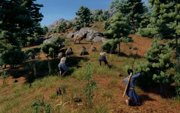 HD wallpaper from the video game Sengoku Dynasty, showcasing characters in a forested landscape, surrounded by trees and rocky terrain, engaging in dynamic activities.