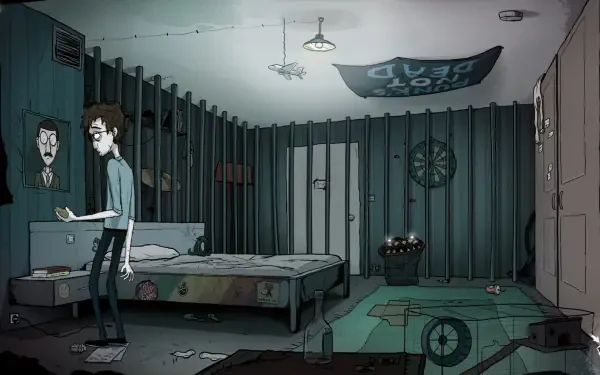 A high-definition wallpaper from the video game Mindlock - The Apartment, featuring a character standing in a dimly lit, cluttered room with a bed and scattered items.