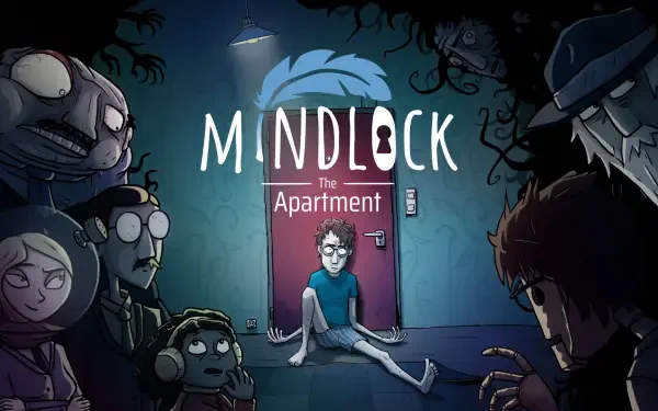 A chilling HD wallpaper for the video game Mindlock - The Apartment, featuring a central figure amidst eerie characters in a dimly lit, suspenseful setting.