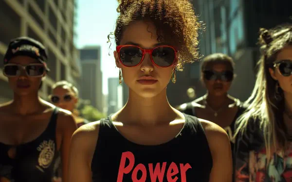 A confident woman in stylish sunglasses stands at the forefront, embodying girl power, with a group of strong women behind her. A vibrant 4K Ultra HD wallpaper celebrating empowerment.
