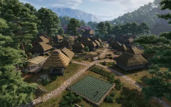 HD PC desktop wallpaper depicting a serene village scene from the video game Sengoku Dynasty, featuring traditional thatched-roof houses surrounded by lush greenery and mountains.