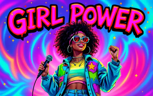 A vibrant 4K Ultra HD wallpaper featuring a confident girl with curly hair, holding a microphone, surrounded by colorful swirls and the bold text GIRL POWER.