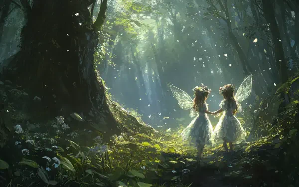Two ethereal fairies in white dresses holding hands in a sunlit forest, surrounded by lush greenery and shimmering light, depicted in vibrant 4K Ultra HD for desktop wallpaper.