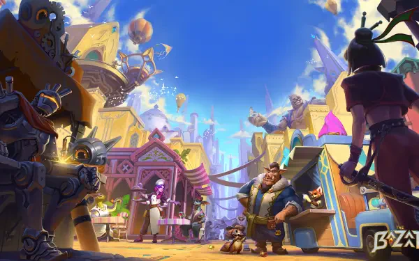 A vibrant scene from the video game The Bazaar, showcasing colorful market stalls, diverse characters, and a bright blue sky, captured in stunning 4K Ultra HD detail.