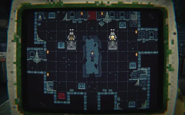 A retro-style HD wallpaper depicting a dungeon-like environment from the video game Is This Game Trying to Kill Me?, featuring a character surrounded by statues and obstacles.