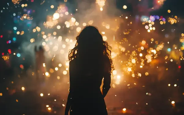 A silhouette of a person against a backdrop of vibrant lights and sparklers creates a captivating New Year's Eve mood, ideal for an HD PC desktop wallpaper.