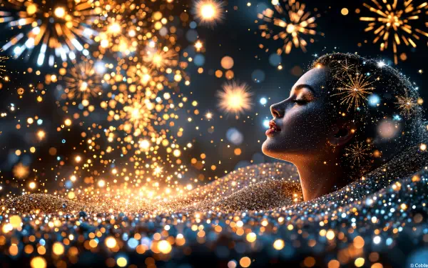A captivating New Year's Eve mood image featuring a woman surrounded by sparkling lights and fireworks, rendered in stunning 4K Ultra HD quality, ideal for a desktop wallpaper.