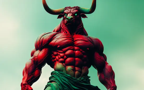 A striking 4K Ultra HD wallpaper featuring a powerful minotaur, showcasing muscular details and vibrant colors against a greenish background.