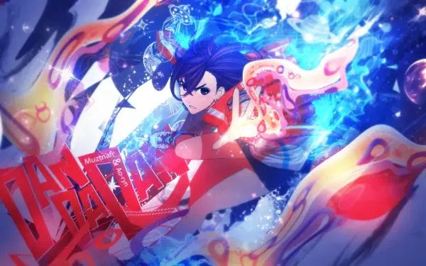 HD anime wallpaper featuring Momo Ayase from Dandadan in an action pose with vibrant blue and red energy effects surrounding her.