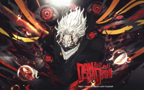 HD anime desktop wallpaper featuring a striking Dandadan character with white hair and intense red eyes, inspired by Ken Takakura’s style and dynamic design.