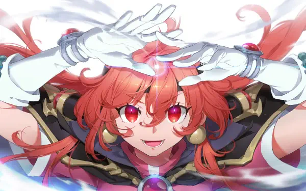 HD PC desktop wallpaper featuring an anime character with vibrant red hair and glowing eyes, styled in the Slayers universe, casting a magical spell.