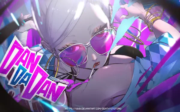 HD PC desktop wallpaper featuring Ayase Seiko from Dandadan in vibrant colors with neon lighting and dynamic composition.