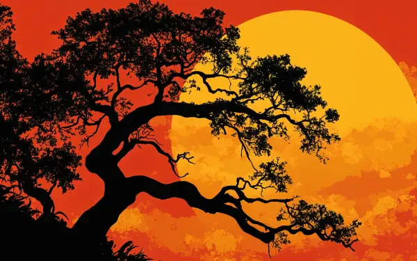Silhouette of a tree against a vibrant sunset, featuring deep oranges and soft yellows. A stunning 4K Ultra HD wallpaper for a striking backdrop.