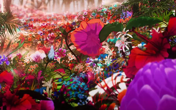 Vibrant, colorful flowers fill the scene in this 4K Ultra HD wallpaper inspired by the anime Hell's Paradise, showcasing a lush and enchanting landscape.