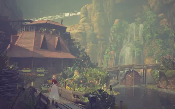 A serene scene from Final Fantasy VII Remake, featuring lush greenery, a charming house, a waterfall, and a bridge, perfect as a captivating HD PC desktop wallpaper.