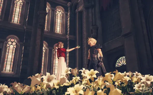 A stunning HD wallpaper from Final Fantasy VII Remake featuring Aerith Gainsborough and Cloud Strife surrounded by flowers in a beautifully lit setting.