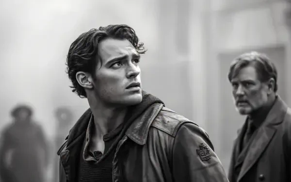A striking grayscale 4K Ultra HD wallpaper featuring two men in a tense moment, set against a misty, atmospheric backdrop, evoking a sense of intrigue and drama.