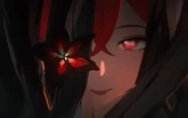 A detailed HD wallpaper featuring Camellya from the video game Wuthering Waves, showcasing her striking red eyes and dark hair adorned with a red flower.