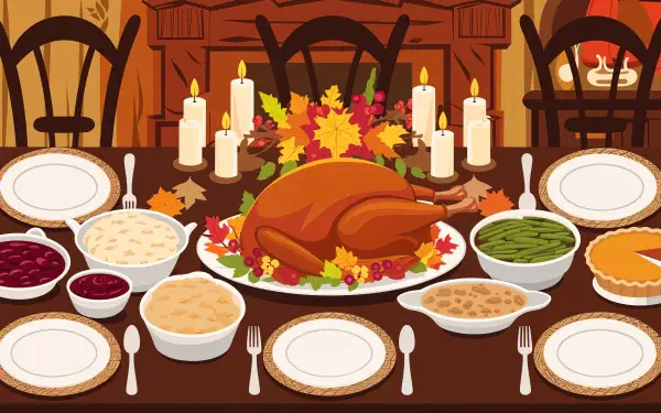 A beautifully arranged Thanksgiving dinner featuring a golden turkey centerpiece, surrounded by sides like mashed potatoes, green beans, and cranberry sauce, all set on a rustic table.