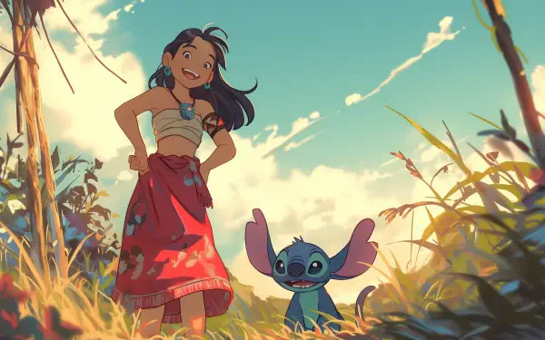 Lilo and Stitch stand together in a vibrant, animated scene, surrounded by lush greenery and a bright sky, capturing the essence of friendship from the beloved TV show.