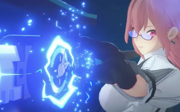HD desktop wallpaper featuring Tsukishiro Yanagi from the video game Zenless Zone Zero, showcasing her casting a spell with a glowing blue symbol.