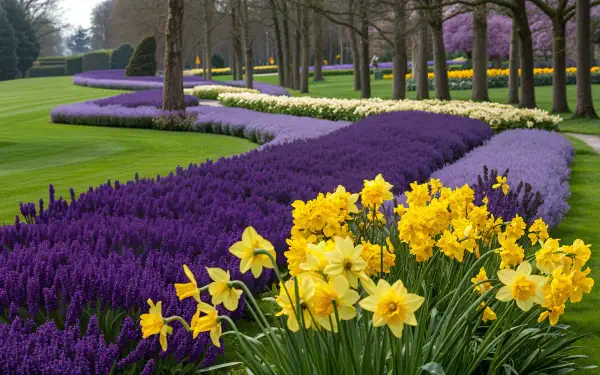 A vibrant landscape showcases rows of yellow daffodils in the foreground, framed by lush purple flowers and tree-lined paths, creating a stunning 4K Ultra HD desktop wallpaper.