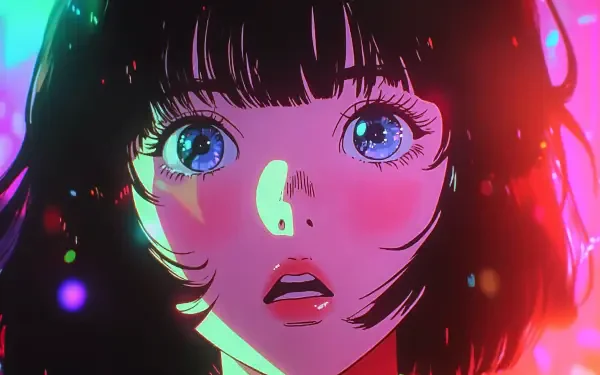 A stunning anime girl with expressive blue eyes and vibrant neon colors, captured in a captivating 4K Ultra HD wallpaper that brings the scene to life.