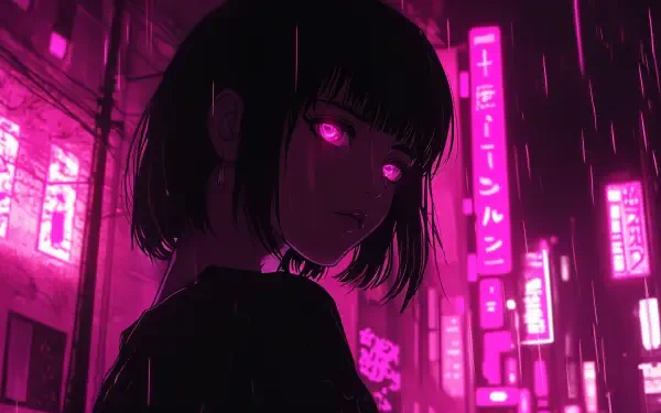 Anime girl with glowing pink eyes in a neon-lit cityscape, surrounded by vibrant signage and rain, set against a dark, moody background. 4K Ultra HD wallpaper.
