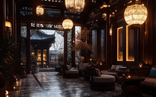 A serene tea house interior featuring elegant lanterns, plush seating, and a tranquil ambiance, showcased in stunning 4K Ultra HD resolution, perfect for any desktop wallpaper.