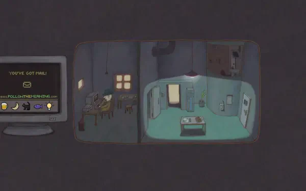 A digital artwork showcasing a split scene from a video game, featuring a cozy room with soft lighting and a computer with a notification reading YOU'VE GOT MAIL.
