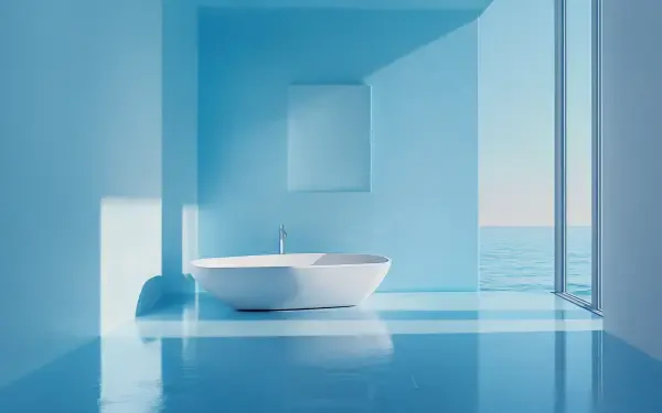 A minimalist blue bathroom features a sleek white bathtub and large windows offering an expansive view of the ocean, captured in stunning 4K Ultra HD quality.