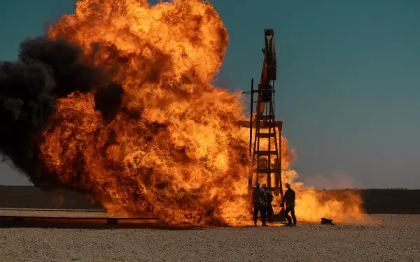 A dramatic scene from the TV show Landman, featuring a towering explosion and flames against a clear blue sky, capturing intense action and tension.