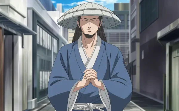 A serene anime samurai stands in a narrow street, adorned in traditional clothing and a distinctive hat, captured in vivid detail as a 4K Ultra HD PC desktop wallpaper.