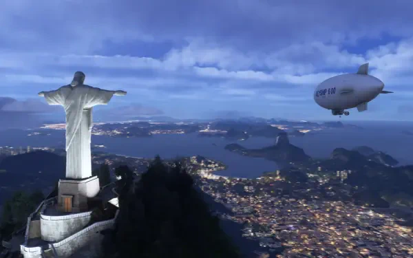 In this stunning 4K Ultra HD wallpaper from Microsoft Flight Simulator 2024, the iconic Christ the Redeemer statue overlooks a vibrant cityscape and serene waters under a moody sky.