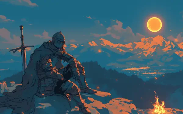 A knight rests by a bonfire, gazing at a serene landscape under a glowing moon, capturing the essence of Dark Souls in this HD PC wallpaper.