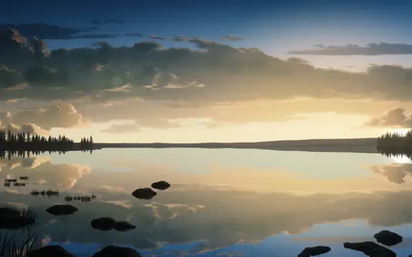A tranquil landscape from Vinland Saga, featuring a serene lake reflecting the sky and clouds, creating a captivating HD wallpaper for your desktop background.