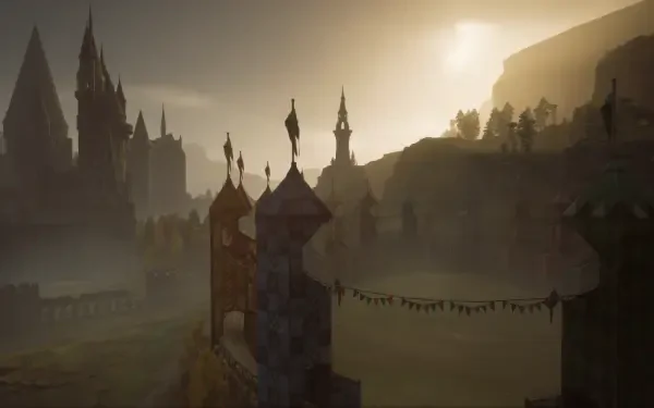 A captivating HD wallpaper from Hogwarts Legacy, featuring the iconic Hogwarts castle shrouded in mist, illuminated by a warm sunset glow, embodying the enchanting world of Harry Potter.