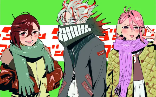 Vibrant 4K Ultra HD anime wallpaper featuring Dandadan characters Ken Takakura, Momo Ayase, and Aira Shiratori against a bright green background.