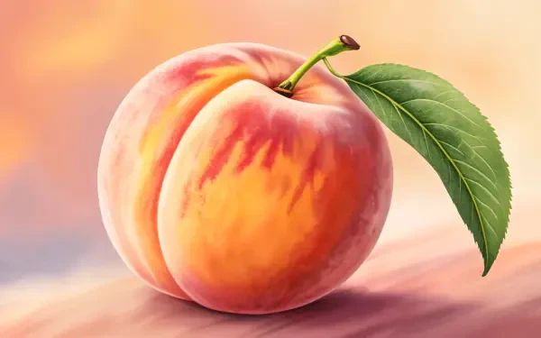 A beautifully rendered peach with delicate pink and yellow hues, accompanied by a vibrant green leaf, showcased as a 4K Ultra HD desktop wallpaper and background.