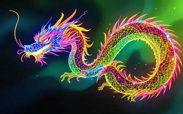A vibrant neon dragon, intricately designed with colorful lights, against a dreamy background, showcasing a striking 4K Ultra HD PC desktop wallpaper and background.