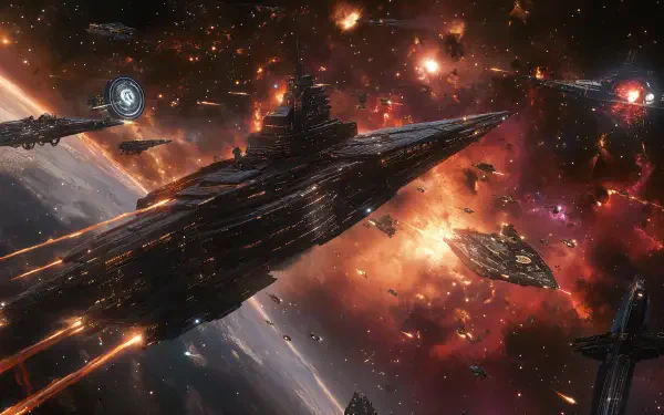 A dynamic space battle scene depicting sleek starships amidst vibrant cosmic explosions and swirling nebulae, rendered in stunning 4K Ultra HD, perfect for a space opera backdrop.