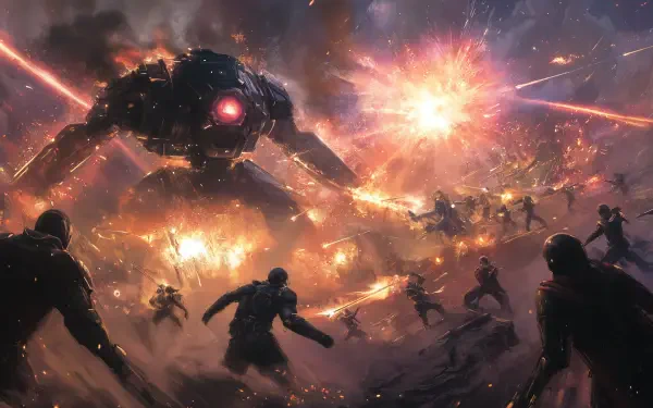 A thrilling space opera scene featuring a massive mech in a fierce sci-fi battle, engulfed in explosions and chaos, set against a dramatic cosmic backdrop. 4K Ultra HD resolution.